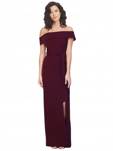 Discount Fitted Full Length Off the Shoulder Crepe Bridesmaid Dress with Side Split and Waist Tie