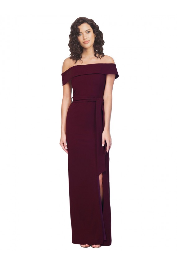 Fitted Full Length Off the Shoulder Crepe Bridesmaid Dress with Side Split and Waist Tie