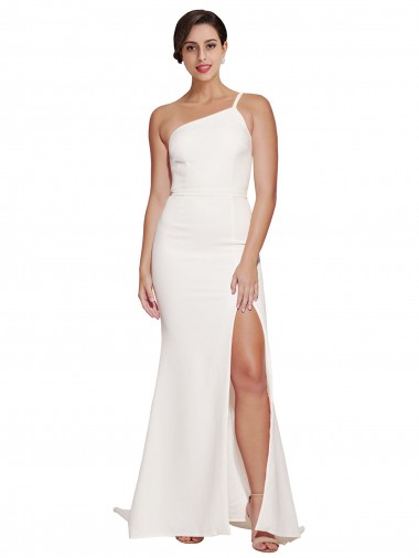Discount Long Sweep Train Crepe Bridesmaid Dress with Side Split and One Strap