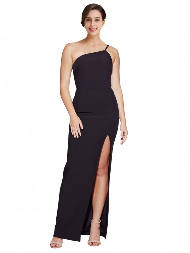 Discount Long Floor Length Crepe Bridesmaid Dress with Side Split and One Strap