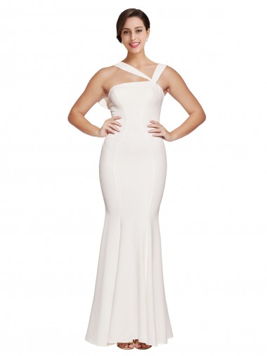 Discount Full Length Square Neck Crepe Bridesmaid Dress with Asymmetrical Straps and Bow Back