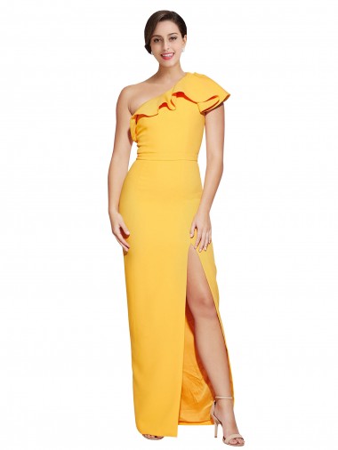 Discount One Shoulder Floor Length Crepe Bridesmaid Dress with Thigh High Split