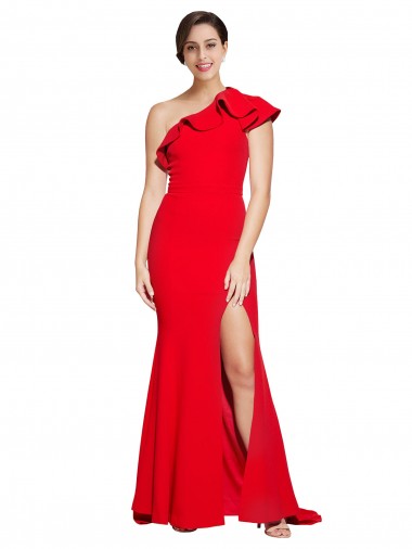 Discount One Shoulder Long Sweep Train Crepe Bridesmaid Dress with Thigh High Split