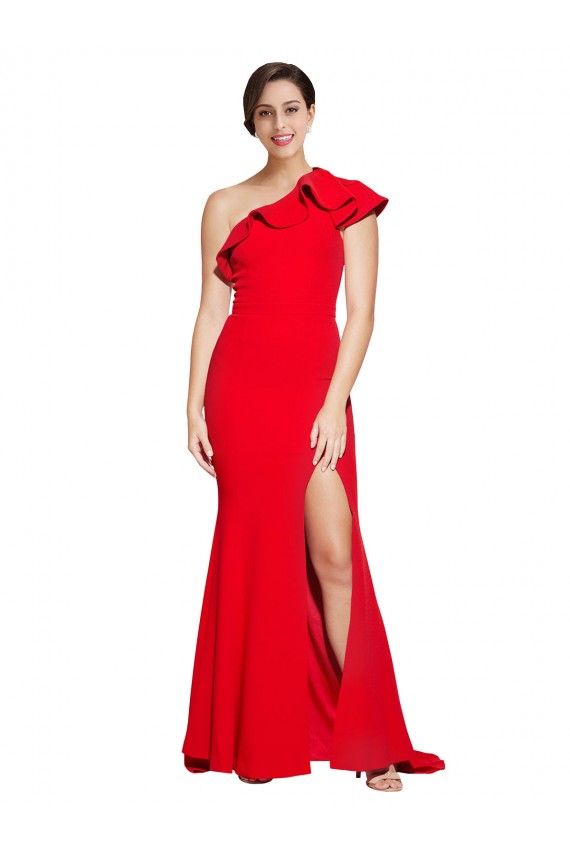 One Shoulder Long Sweep Train Crepe Bridesmaid Dress with Thigh High Split