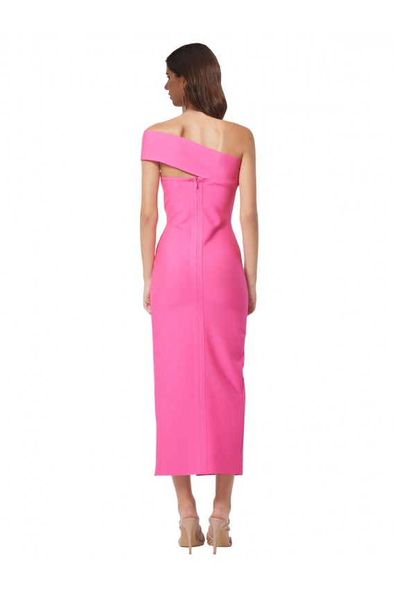 One Shoulder Neckline Short Midi Length Crepe Bridesmaid Dress