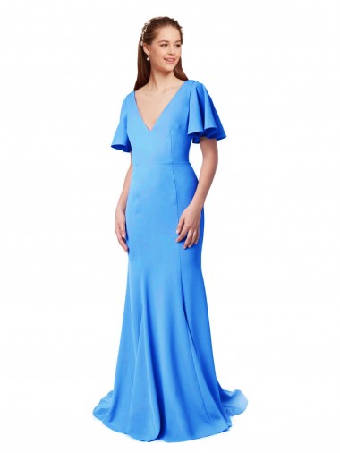 Discount Short Sleeves Long V-Neck Crepe Bridesmaid Dress with V-Back