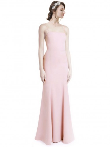 Discount Square Neck Criss Cross Open Back Slim Crepe Bridesmaid Dress with Spaghetti Straps