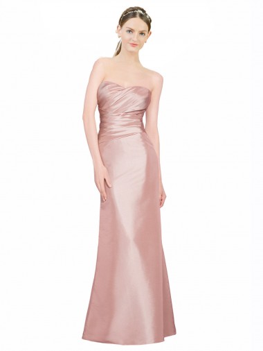 Discount Long Strapless Stretch Satin Bridesmaid Dress with Pleats and Low Back