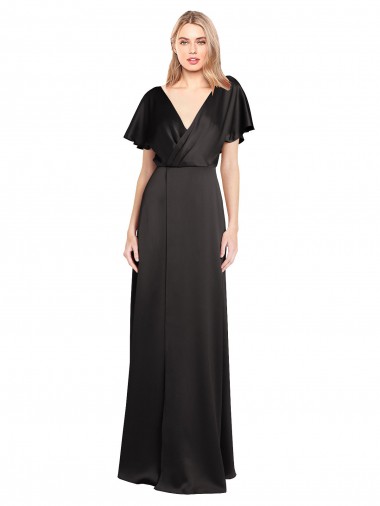 Discount Cap Sleeves Open Back Long Stretch Satin Bridesmaid Dress