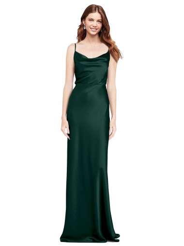 Discount Fitted Cowl Neck Long Stretch Satin Slip Bridesmaid Dress with V-Back