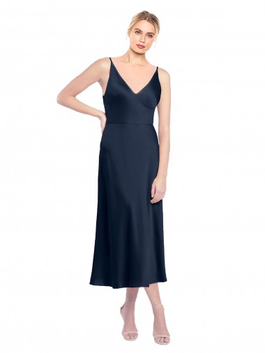 Discount V-Neck Midi Length Short Stretch Satin Bridesmaid Dress V-Back