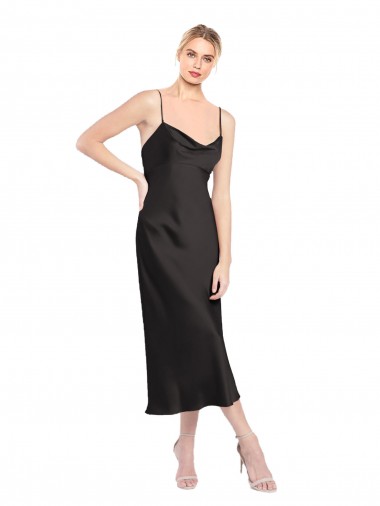 Discount Cowl Neck Midi Length Short Stretch Satin Slip Bridesmaid Dress