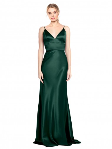 Discount High V-Neck Long Full Length Sheath Stretch Satin Bridesmaid Dress