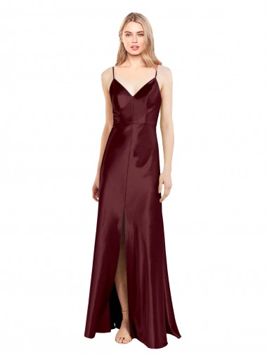 Discount Sleek Spaghetti Straps V-Neck Stretch Satin Bridesmaid Dress with Center Front Slit