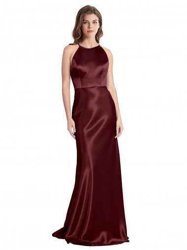Discount High Neck Halter Long Sleeveless Stretch Satin Bridesmaid Dress with Strappy Back