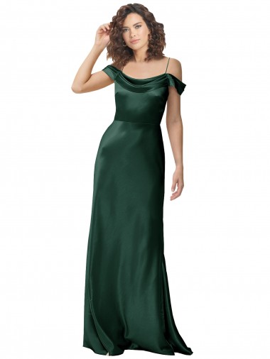 Discount Off the Shoulder Sleeves Long Stretch Satin Bridesmaid Dress with Pleated Draped Neckline