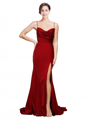 Discount Cowl Front Neck Sweep Train Stretch Satin Bridesmaid Dress with High Side Split