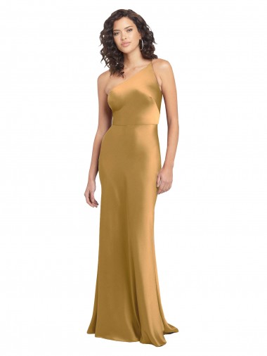 Discount One Shoulder Long Floor Length Stretch Satin Slip Bridesmaid Dress