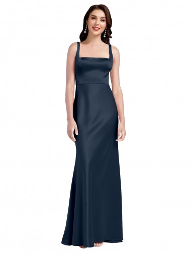 Discount Square Neck A-Line Long Stretch Satin Bridesmaid Dress with Wide Straps