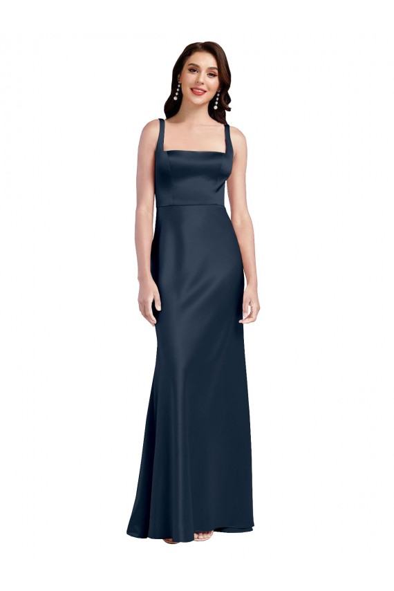 Square Neck A-Line Long Stretch Satin Bridesmaid Dress with Wide Straps