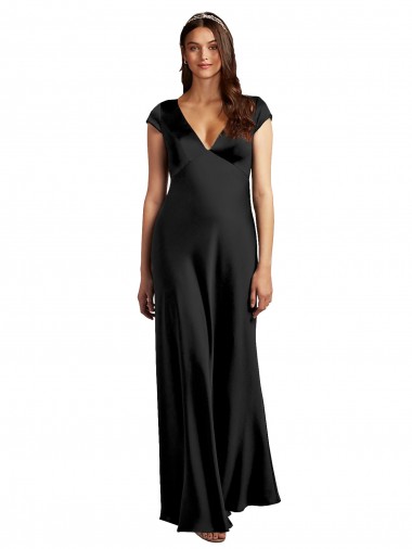Discount Plunging V-Neck Cap Cleeves Long Stretch Satin Bridesmaid Dress with Keyhole Back