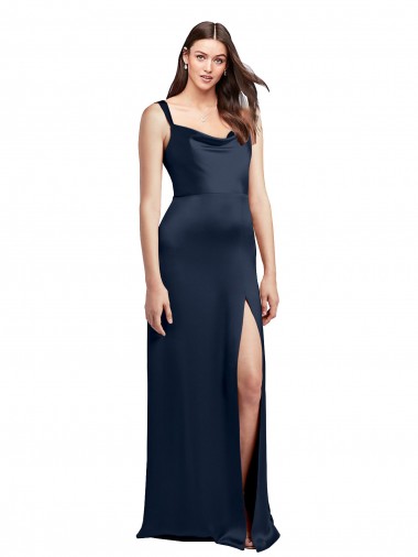 Discount Cowl Neck Soft Long Stretch Satin Bridesmaid Dress with Side Slit and Pleated Straps