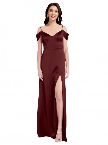 Discount Draped Off the Shoulder Sleeves Slim A-Line Stretch Satin Bridesmaid Dress with Side Slit