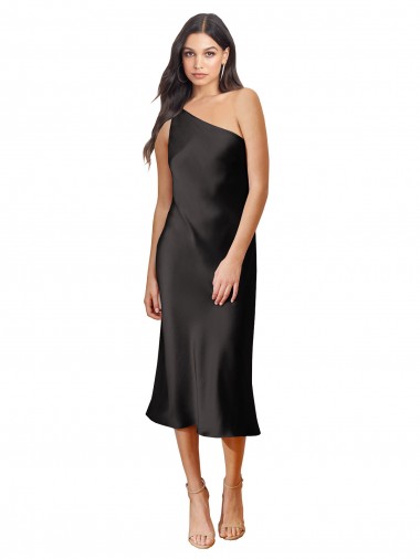 Discount Sleek One Shoulder Midi Length Short Stretch Satin Slip Bridesmaid Dress