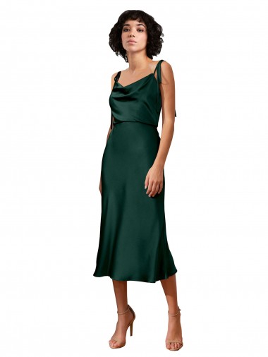 Discount Spaghetti Straps Tie Shoulders Cowl Neck Short Midi Length Stretch Satin Bridesmaid Dress