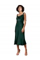 Spaghetti Straps Tie Shoulders Cowl Neck Short Midi Length Stretch Satin Bridesmaid Dress