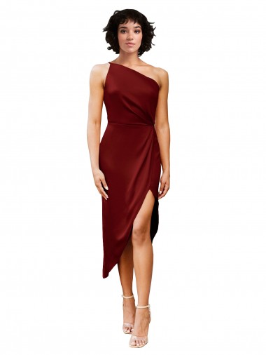 Discount One Shoulder Midi Length Short Stretch Satin Wrap Style Bridesmaid Dress