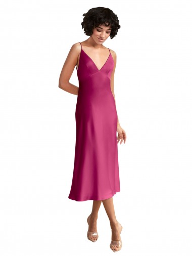 Discount Midi Length V-Neck Short Stretch Satin Bridesmaid Dress with Low Scoop Back
