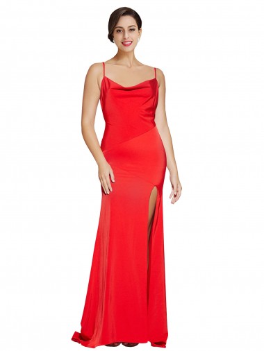 Discount Low Back Cowl Neck Stretch Satin Bridesmaid Dress with High Side Slit