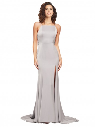 Discount High Neck Low Back Long Full Length Stretch Satin Bridesmaid Dress