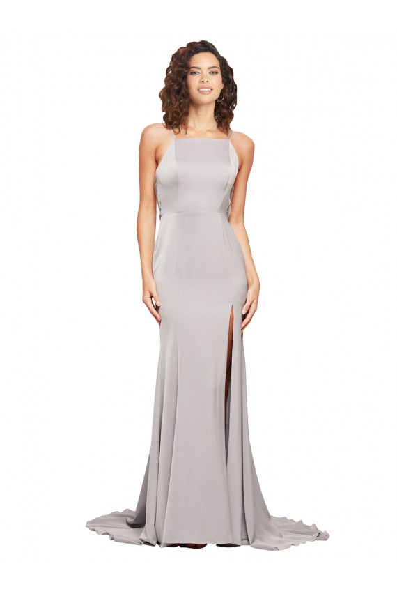 High Neck Low Back Long Full Length Stretch Satin Bridesmaid Dress