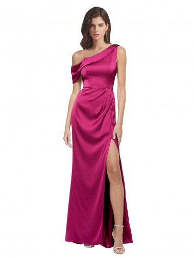 Discount Off the Shoulder Short Sleeves Stretch Satin Bridesmaid Dress with Side Slit