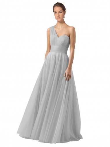 Discount Floor Length Tulle Bridesmaid Dress with Shirred One Shoulder Bodice