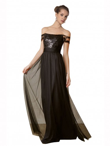 Discount Off The Shoulder Sequined Lace Tulle Bridesmaid Dress