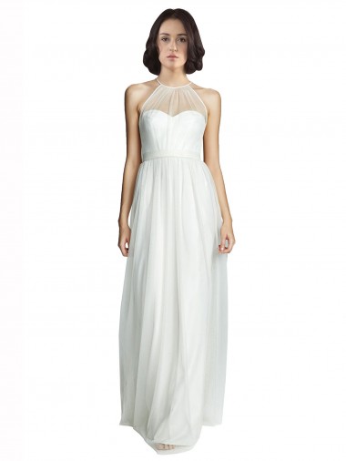 Discount High Neckline Long Tulle Bridesmaid Dress with Illusion Front