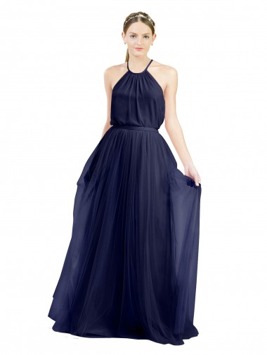 Discount Long A-Line High Neck Halter Tulle Bridesmaid Dress