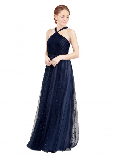 Discount Floor Length Long Halter Pleated Tulle Bridesmaid Dress