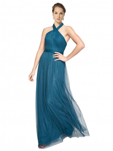 Discount High Neck Halter Pleated A-Line Tulle Bridesmaid Dress