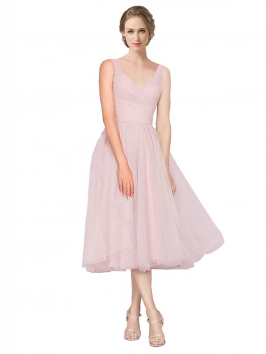 Discount Short Tea Length Wide Strap Plunge Cross Over Neckline Tulle Bridesmaid Dress