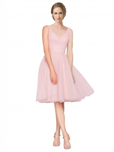 Discount Short Knee Length Wide Strap Plunge Cross Over Neckline Tulle Bridesmaid Dress