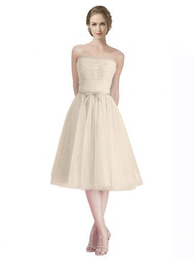 Discount Strapless Short Cocktail Length Tulle Bridesmaid Dress with Pleats