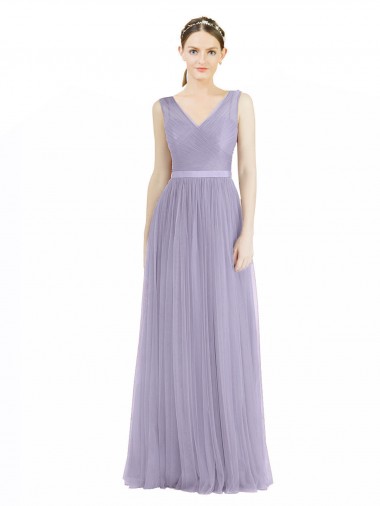 Discount Wide Straps V-Neck Long Tulle Bridesmaids with Belt