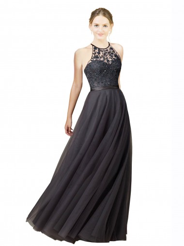 Discount Sweetheart Neckline Long Sleeveless Tulle Bridesmaid Dress with Lace Bodice