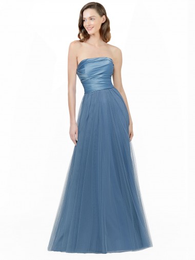 Discount Long Strapless Bridesmaid Dress with Soft Tulle Overlay