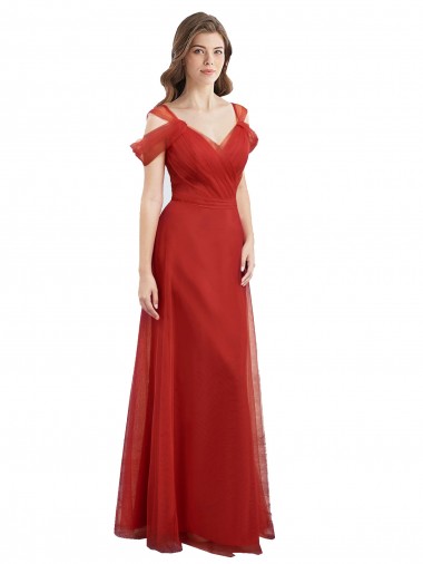 Discount Cold Shoulder Pleated Wrap Tulle Bridesmaid Dress with Low V-Back