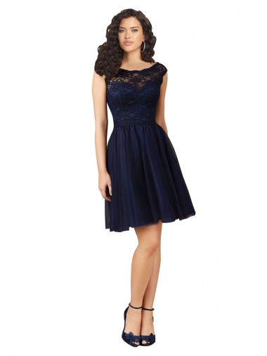 Discount Short Bateau Neck Tulle Bridesmaid Dress with Lace Bodice